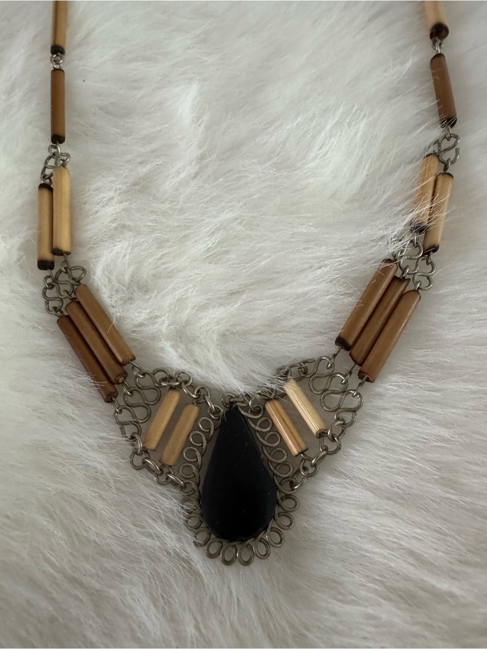 Handcrafted Brown Bead Necklace with Black Teardrop Pendant
